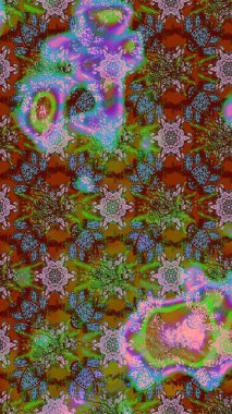 Raster illüstrasyonundaki çiçek desenli çizim. Çiçekler kahverengi, yeşil ve mavi renklerde.