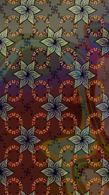 Eskiz geçmişi. Kumaş, tekstil, duvar kağıdı baskısı için. Renkli desenli eskiz deseni, kahverengi çiçekler ve dekoratif elementlerle. Raster illüstrasyonu. Antika retro tarzı.