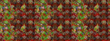 Raster illüstrasyonundaki çiçek desenli çizim. Çiçekler kahverengi, kırmızı ve yeşil renklerde.