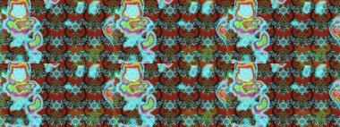 Renkli desenli eskiz deseni, mavi, kahverengi ve yeşil çiçekler ve dekoratif elementler. Eskiz geçmişi. Kumaş, tekstil, duvar kağıdı baskısı için. Eski usul. Raster illüstrasyonu.