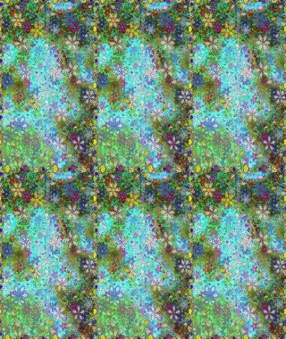 Yeşil ve mavi renklere karalamalar çizen kusursuz çiçek deseni. Raster illüstrasyonu.