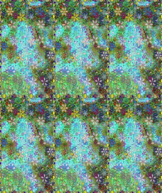 Yeşil ve mavi renklere karalamalar çizen kusursuz çiçek deseni. Raster illüstrasyonu.