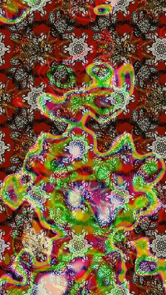 Raster illüstrasyonu. Asya tekstil tarzında. Raster illüstrasyonu. Kahverengi, kırmızı ve yeşil renkte çiçekler. Çiçek desenini çiz.