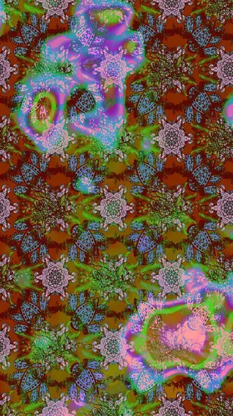 Raster illüstrasyonundaki çiçek desenli çizim. Çiçekler kahverengi, yeşil ve mavi renklerde.