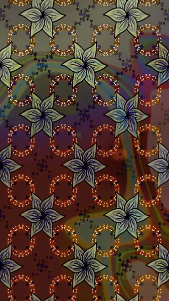 Eskiz geçmişi. Kumaş, tekstil, duvar kağıdı baskısı için. Renkli desenli eskiz deseni, kahverengi çiçekler ve dekoratif elementlerle. Raster illüstrasyonu. Antika retro tarzı.