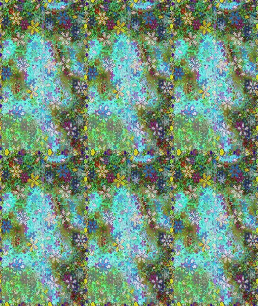 Yeşil ve mavi renklere karalamalar çizen kusursuz çiçek deseni. Raster illüstrasyonu.