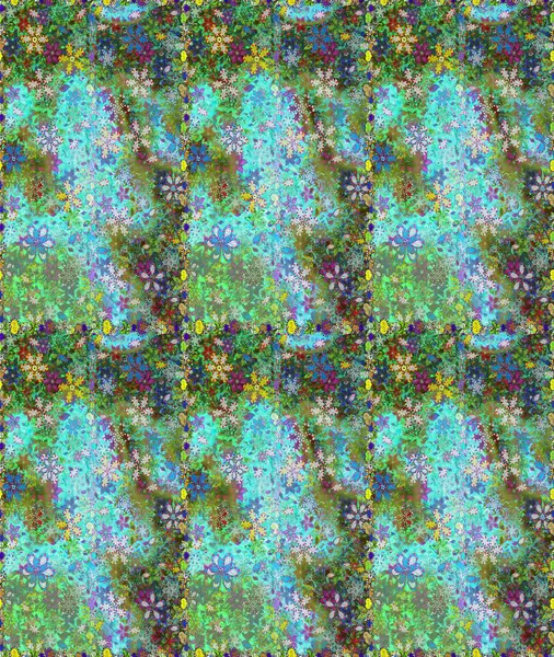 Yeşil ve mavi renklere karalamalar çizen kusursuz çiçek deseni. Raster illüstrasyonu.