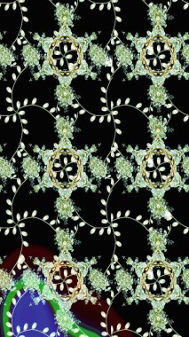 Çiçekli ipek eşarp. 1950-1960 motifleri. Retro tekstil tasarım koleksiyonu. Siyah, nötr ve yeşil üzerine siyah, yeşil. El çizimi çiçek elementleri ile soyut çizim raster deseni.