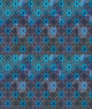 Mavi renkler ve parlak çiçekler üzerine soyut çizim deseni. Çiçeksel elementlerle süslenmiş zarif raster dokusu. Küçük çiçekte şirin bir çiçek deseni var..