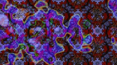 Raster Floral Illustration, Asyalı tekstil. Eflatun, kahverengi ve mavi renkli etnik çiçeklerle zarif bir eskiz deseni..