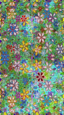 Raster deseni. Küçük çiçekteki sevimli çiçek deseni. Yeşil ve mavi renklerde. Raster illüstrasyonu. Soyut çiçek pürüzsüz desen arkaplanı.