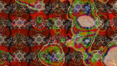 Parlak renkli fantezi çiçekleri, yapraklar, kahverengi, kırmızı ve bej renkli tomurcuklar, kahverengi, kırmızı ve bej renkler. Suluboya el çizimi elementli çiçek çizimi deseni.