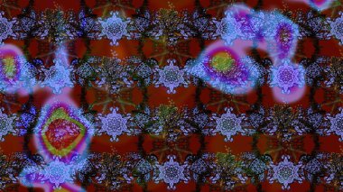 Raster illüstrasyonu. Kahverengi, kırmızı ve mavi renklerde Asya tekstili. Suluboya çiçekli çiçek deseni.