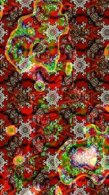 Çiçeksel elementlerle süslenmiş zarif raster dokusu. Küçük çiçekte hoş bir çiçek deseni var. Parlak çiçekli kahverengi, kırmızı ve yeşil renkler üzerine soyut çizim deseni.