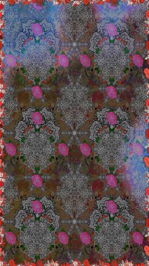 Çiçekleri, deniz kabukları, mandalaları ve suluboya efektleriyle donanma geçmişi. Yatak çarşafları, ceket, paket tasarımı, kumaş ve moda kavramları için tekstil baskısı. Kusursuz etnik tasarım.