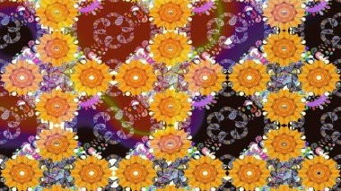 Sarı renkte güzel çiçekler olan eskiz deseni, suluboya çiçek deseni, duvar kağıdı, kart ya da kumaş için fayanslı. Raster..