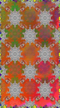 Çiçekler, yaprakları ile halk tarzında Dikişsiz çiçek deseni. Raster Illustration. El çizilmiş.