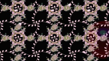 Şirin çiçekli eskiz deseni ve siyah, nötr ve yeşil renkli yapraklar, suluboya çiçek deseni, duvar kağıdı, kart veya kumaş için fayanslı. Raster illüstrasyonu.