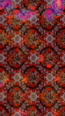 Soyut etnik raster çizim kalıbı. Kabile sanatı boho baskısı, klasik çiçek arkaplanı. Arkaplan dokusu, duvar kağıdı, çiçek teması kahverengi, kırmızı ve siyah renkler.