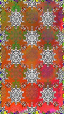 Çiçekler, yaprakları ile halk tarzında Dikişsiz çiçek deseni. Raster Illustration. El çizilmiş.