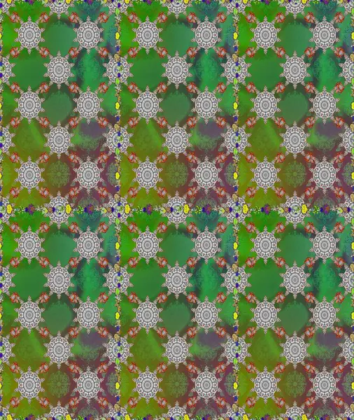 Yeşil ve gri kıvırcık çiçekler yeşil ve gri renkte şekillenir. Raster illüstrasyonu. Klasik çiçek tasarım elementleri.