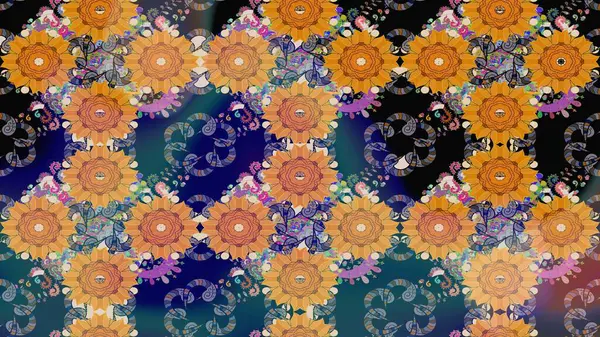 Raster illüstrasyonu. Turuncu renkli çiçekler. Çiçek süslemeli çizim deseni.