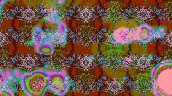 Kahverengi, yeşil ve pembe renkli çiçekler. Raster illüstrasyonunda çiçek deseni çizimi.