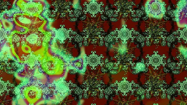 Yeşil, kahverengi ve kırmızı renkte çiçek çizimi. Yeşil, kahverengi ve kırmızı renkte çiçekler. Çiçek deseni. Şatafatlı bahar bahçesi dokusu. Raster illüstrasyonu.