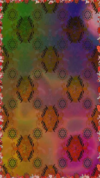 Renkli süs kenarı. Hint süsü. Çiçek duvar kağıdı. Kusursuz desen. Kahverengi ve yeşil renklerde. Raster illüstrasyonu.