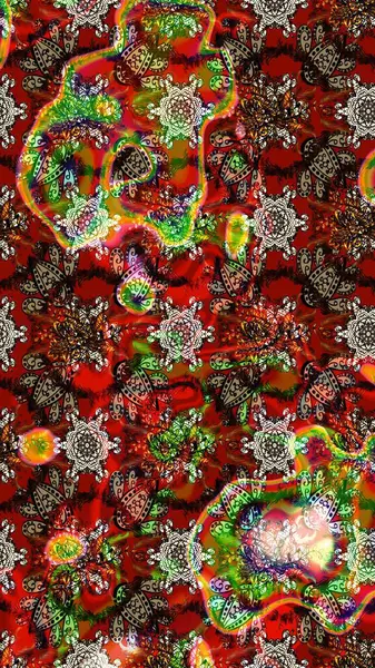 Çiçeksel elementlerle süslenmiş zarif raster dokusu. Küçük çiçekte hoş bir çiçek deseni var. Parlak çiçekli kahverengi, kırmızı ve yeşil renkler üzerine soyut çizim deseni.