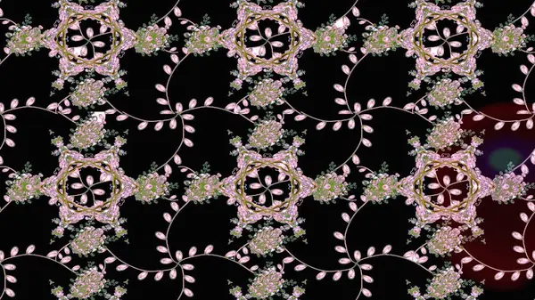 Şirin çiçekli eskiz deseni ve siyah, nötr ve yeşil renkli yapraklar, suluboya çiçek deseni, duvar kağıdı, kart veya kumaş için fayanslı. Raster illüstrasyonu.