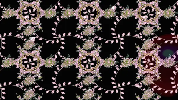 Şirin çiçekli eskiz deseni ve siyah, nötr ve yeşil renkli yapraklar, suluboya çiçek deseni, duvar kağıdı, kart veya kumaş için fayanslı. Raster illüstrasyonu.