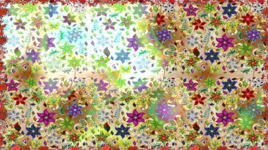 Kusursuz bir geçmişi var. Renkli şal desenli, bej ve nötr çiçeklerle ve dekoratif elementlerle kusursuz desen. Raster illüstrasyonu. Eski usul. Kumaş, tekstil ve duvar kağıdı baskısı için..