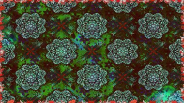 Kumaş desenli papatya çiçeği detayı. Kahverengi ve yeşil renkte çiçekler.