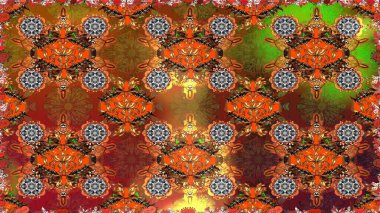 Raster deseni. Patlayan çiçekler soyut olarak yerleştirilmiş. Kahverengi ve turuncu renklerde bahar çiçekleri. Raster illüstrasyonu.