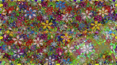 Düz Çiçek Elementleri Tasarımı. Çocuk stili. Çiçekli, kusursuz bir arkaplan. Renkli Bahar Teması Kusursuz Arkaplan.