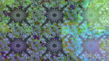 Yumuşak, bahar çiçekleri yeşil ve mavi renklerde. Çiçek ve yapraklı karalama şeklinde Raster çiçek deseni. Raster illüstrasyonu.