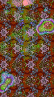 Düz Çiçek Elementleri Tasarımı. Renkli Bahar Teması eskiz kalıbı. Raster illüstrasyonundaki çiçek desenli çizim. Kahverengi, yeşil ve kırmızı renkte çiçekler.