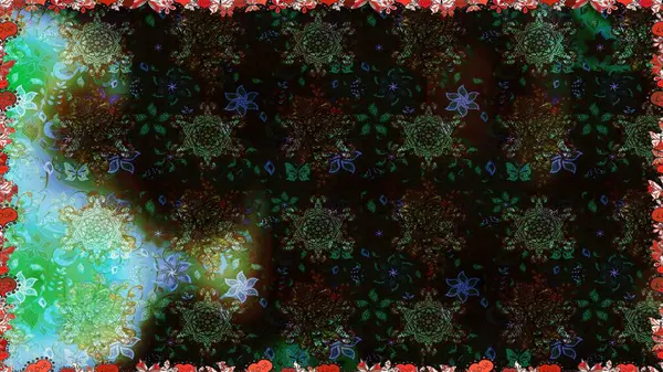 Siyah ve yeşil renklerde etnik çiçeklerle kusursuz bir desen. Raster Çiçek İllüstrasyon Şirin Tekstil.