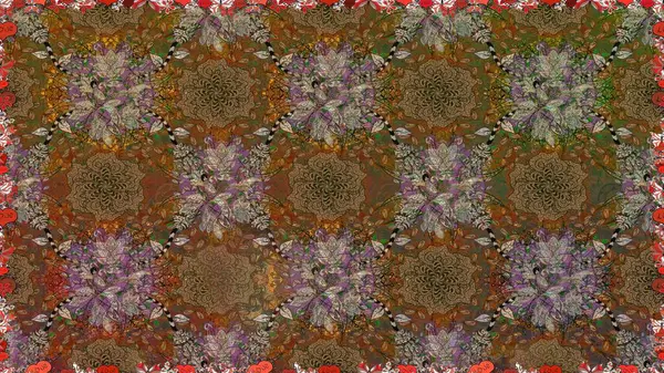 Raster illüstrasyonunda kusursuz çiçek deseni. Kahverengi ve bej renkli çiçekler.