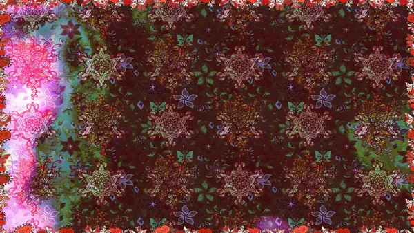 Raster - stok. Kusursuz bir arka plan modeli. Yapraklı çiçekler ve kahverengi ve mor renkli papatya çiçekleri..