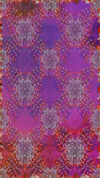 Tekstil için dikişsiz suluboya desen. Elle çizilmiş çiçek deseni (fayans). Sevimli çiçekler, desenli, mor ve nötr renklerle renksiz desen.