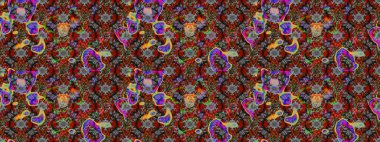 Suluboya elle çizilmiş çiçek desenli eskiz deseni. Parlak renkli fantezi çiçekleri, yapraklar, gri, kahverengi ve kırmızı renkli tomurcuklar, gri, kahverengi ve kırmızı.