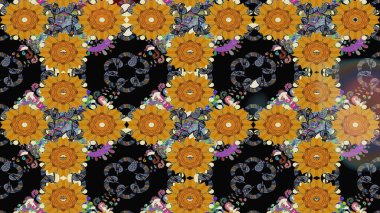 Asya tekstil tarzında. Raster illüstrasyonu. Çiçek desenli çizim. Raster illüstrasyonu. Siyah renkte çiçekler.