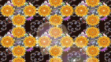 El çizimi çiçekli soyut çizim kalıbı. Raster illüstrasyonu. Sarı renkte çiçekler.