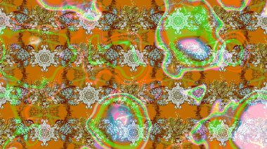 Kahverengi, turuncu ve yeşil renkte etnik çiçeklerle süslenmiş zarif bir eskiz deseni. Raster Çiçek İllüstrasyonu güzel tekstil..