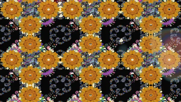 Asya tekstil tarzında. Raster illüstrasyonu. Çiçek desenli çizim. Raster illüstrasyonu. Siyah renkte çiçekler.