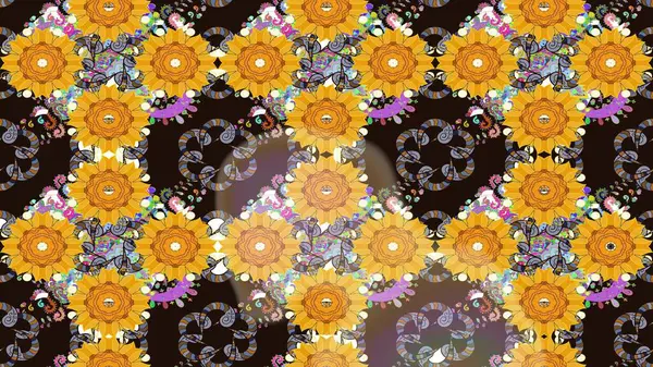 El çizimi çiçekli soyut çizim kalıbı. Raster illüstrasyonu. Sarı renkte çiçekler.