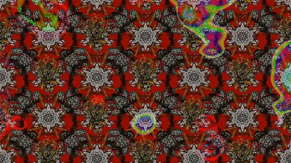 1950-1960 motifleri. El çizimi çiçek unsurları olan soyut çizim raster deseni. Çiçekli ipek eşarp. Gri, kahverengi ve kırmızı, gri, kahverengi ve kırmızı üzerine. Retro tekstil tasarım koleksiyonu.