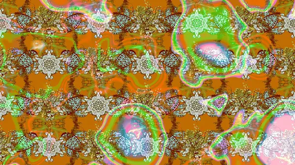 Kahverengi, turuncu ve yeşil renkte etnik çiçeklerle süslenmiş zarif bir eskiz deseni. Raster Çiçek İllüstrasyonu güzel tekstil..